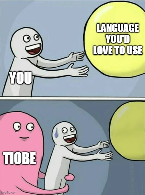 A meme where person wants to use some programming language but TIOBE stops them